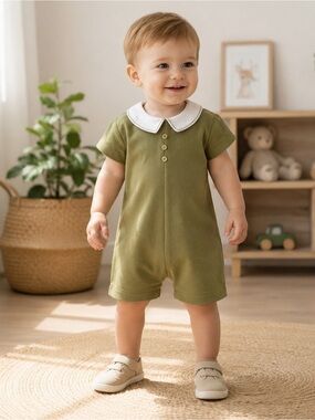 Edgehill Collection Olive Green Boy’s Romper Sz 18M Peter Pan Collar NWT